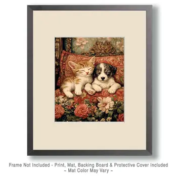 Sleeping Friends - Cat & Kitten Folk Art Prints - 8"x10" Artwork for 11"x14" Frame
