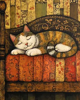 Vintage Day Dream - Cat & Kitten Folk Art Prints - 8"x10" Artwork for 11"x14" Frame