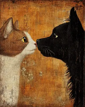 Nose to Nose - Cat & Kitten Folk Art Prints - 8"x10" Artwork for 11"x14" Frame