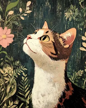 Interested - Cat & Kitten Folk Art Prints - 8"x10" Artwork for 11"x14" Frame
