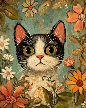 Green-Eyed Kitty - Cat & Kitten Folk Art Prints - 8"x10" Artwork for 11"x14" Frame