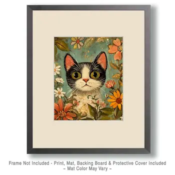 Green-Eyed Kitty - Cat & Kitten Folk Art Prints - 8"x10" Artwork for 11"x14" Frame