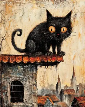 Kitty on Roof - Cat & Kitten Folk Art Prints - 8"x10" Artwork for 11"x14" Frame