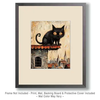 Kitty on Roof - Cat & Kitten Folk Art Prints - 8"x10" Artwork for 11"x14" Frame