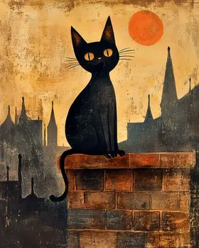 Kitty on Chimney - Cat & Kitten Folk Art Prints - 8"x10" Artwork for 11"x14" Frame