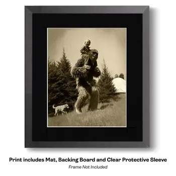 Boy Hitchhiking Upta Camp on Bigfoot - Bigfoot Art Prints – 8″x10″ Artwork in 11″x14″ Mat
