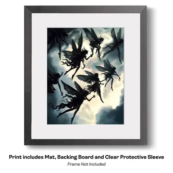 Twin Tween Goth Fairies and Pet Bat - Very Grim Fairytale Prints – 8″x10″ Artwork in 10″x12″ Mat