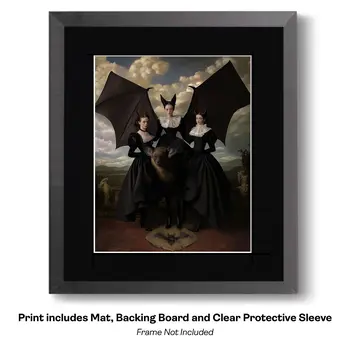 Twin Tween Goth Fairies and Pet Bat - Very Grim Fairytale Prints – 8″x10″ Artwork in 10″x12″ Mat