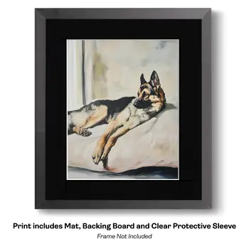 German Shepherd at Window - Pet Dog Still Life Wall Art Prints – 8″x10″ Artwork for 11″x14″ Frame