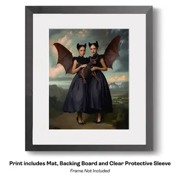 Twin Tween Goth Fairies and Pet Bat - Very Grim Fairytale Prints – 8″x10″ Artwork in 10″x12″ Mat