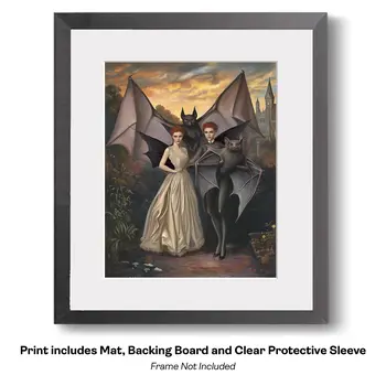 Twin Tween Goth Fairies and Pet Bat - Very Grim Fairytale Prints – 8″x10″ Artwork in 10″x12″ Mat