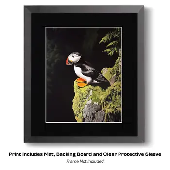 Puffin in Flight Over Islands - 8"x10" Artwork for 11"x14" Frame