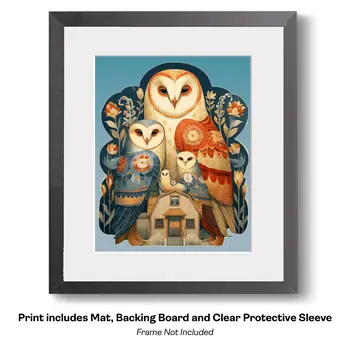 Folk Art Droll Owl Family - Owl Folk Art Prints – 8″x10″ Artwork in 10″x12″ Mat