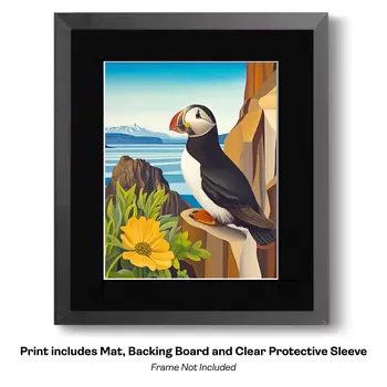 Puffin in Flight Over Islands - 8"x10" Artwork for 11"x14" Frame