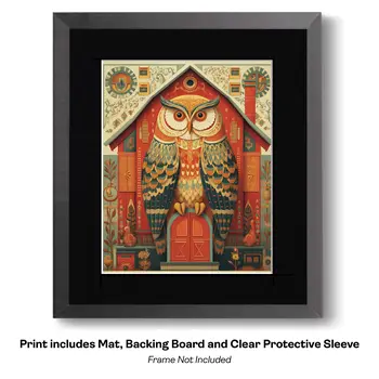 Folk Art Droll Owl Family - Owl Folk Art Prints – 8″x10″ Artwork in 10″x12″ Mat