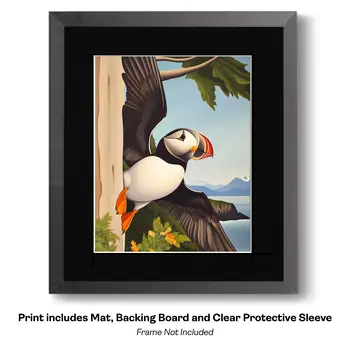 Puffin in Flight Over Islands - 8"x10" Artwork for 11"x14" Frame