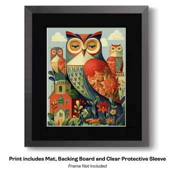Folk Art Droll Owl Family - Owl Folk Art Prints – 8″x10″ Artwork in 10″x12″ Mat