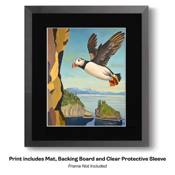 Puffin in Flight Over Islands - 8"x10" Artwork for 11"x14" Frame