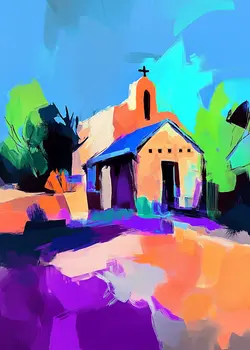Mountain Chapel Abstract Impressionism - Southwestern Art Prints 8"x10" Artwork for 11"x14" Frame