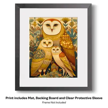 Folk Art Droll Owl Family - Owl Folk Art Prints – 8″x10″ Artwork in 10″x12″ Mat