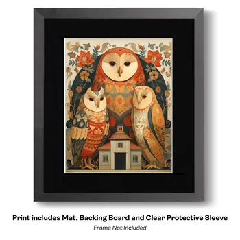 Folk Art Droll Owl Family - Owl Folk Art Prints – 8″x10″ Artwork in 10″x12″ Mat