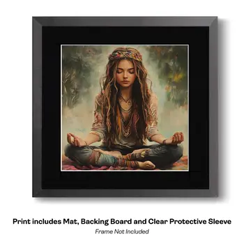 Hippie Girl Meditating Art Print –  8″x8″ Artwork for 12″x12″ Frame