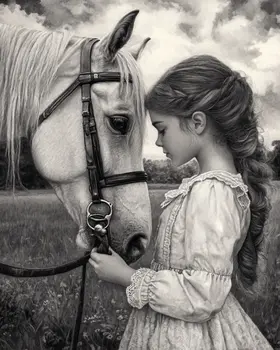 B & W Girl and Her Horse - Equine Art Prints – 8″x10″ Artwork for 11″x14″ Frame