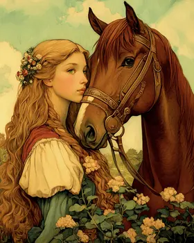 Vintage Young Woman and Her Horse - Equine Art Prints – 8″x10″ Artwork for 11″x14″ Frame