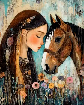 Floral BOHO Girl and Her Horse - Vintage Equine Art Prints – 8″x10″ Artwork for 11″x14″ Frame
