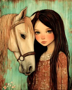 Folk Art Girl and Her Horse - Vintage Equine Art Prints – 8″x10″ Artwork for 11″x14″ Frame