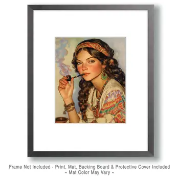 Hippie Lady Smoking - Marijuana Wall Art Prints – 8″x10″ Artwork for 11″x14″ Frame