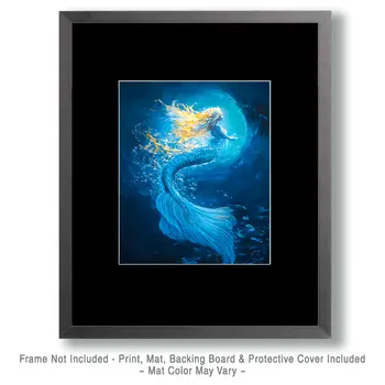 Midnight Blue Siren - Mermaid Wall Art Prints – 8″x10″ Artwork for 11″x14″ Frame