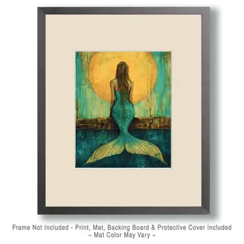 Moonset Siren - Mermaid Wall Art Prints – 8″x10″ Artwork for 11″x14″ Frame