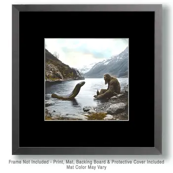 Bigfoot Talking to Champ on the Shores of Lake Champlain - Cryptids  8"x8" Artwork for 12"x12" Frame