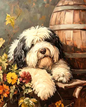 Old English Sheep Dog by Barrel - Pet Dog Still Life Wall Art Prints – 8″x10″ Artwork for 11″x14″ Frame