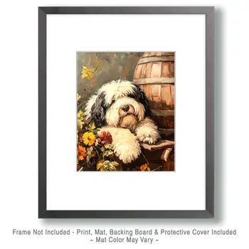 Old English Sheep Dog by Barrel - Pet Dog Still Life Wall Art Prints – 8″x10″ Artwork for 11″x14″ Frame