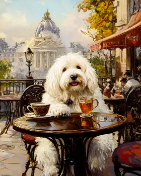 Old English Sheep Dog Having Tea in Paris - Pet Dog Still Life Wall Art Prints – 8″x10″ Artwork for 11″x14″ Frame