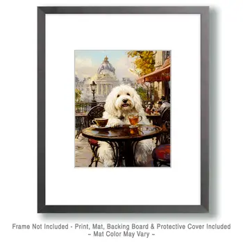 Old English Sheep Dog Having Tea in Paris - Pet Dog Still Life Wall Art Prints – 8″x10″ Artwork for 11″x14″ Frame