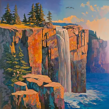 Cliff and Waterfall Landscape - Classic Landscape 8"x8" Art Print