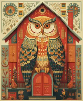 Father Owl Folk Art Style - Owl Folk Art Prints – 8″x10″ Artwork in 10″x12″ Mat