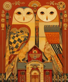 Folkloric Owl Couple - Owl Folk Art Prints – 8″x10″ Artwork in 10″x12″ Mat