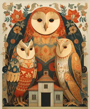 Folkloric Owl Family Over Barn - Owl Folk Art Prints – 8″x10″ Artwork in 10″x12″ Mat