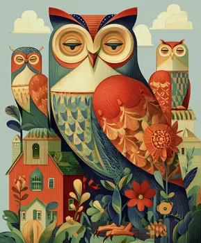 Folkloric Owls on the Farm - Owl Folk Art Prints – 8″x10″ Artwork in 10″x12″ Mat