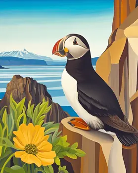 Puffin With Mountain View - 8"x10" Artwork for 11"x14" Frame