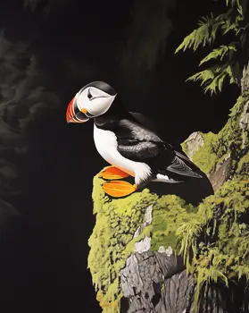 Puffin on Mossy Rock - 8"x10" Artwork for 11"x14" Frame