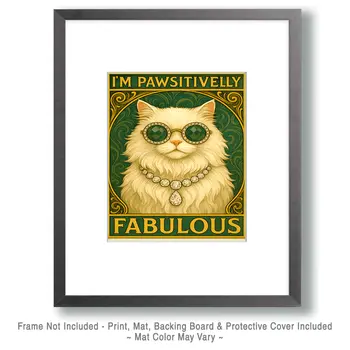 Pawsitively Fabulous White Cat - Punny Animals Art Prints – 8″x10″ Artwork for 11″x14″ Frame