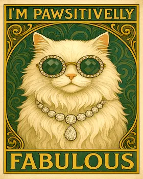 Pawsitively Fabulous White Cat - Punny Animals Art Prints – 8″x10″ Artwork for 11″x14″ Frame