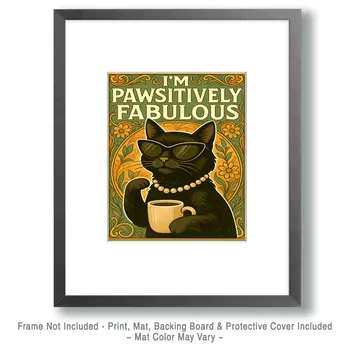 Pawsitively Fabulous Black Cat- Punny Animals Art Prints – 8″x10″ Artwork for 11″x14″ Frame