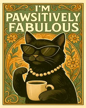 Pawsitively Fabulous Black Cat- Punny Animals Art Prints – 8″x10″ Artwork for 11″x14″ Frame