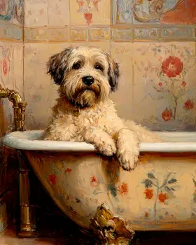 Soft Coated Wheaten Terrier in Bathtub - Pet Dog Still Life Wall Art Prints – 8″x10″ Artwork for 11″x14″ Frame